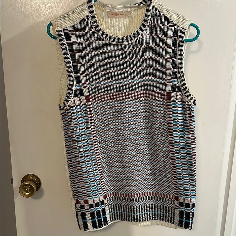 Tory Burch Red and Blue Crew Neck Sweater
